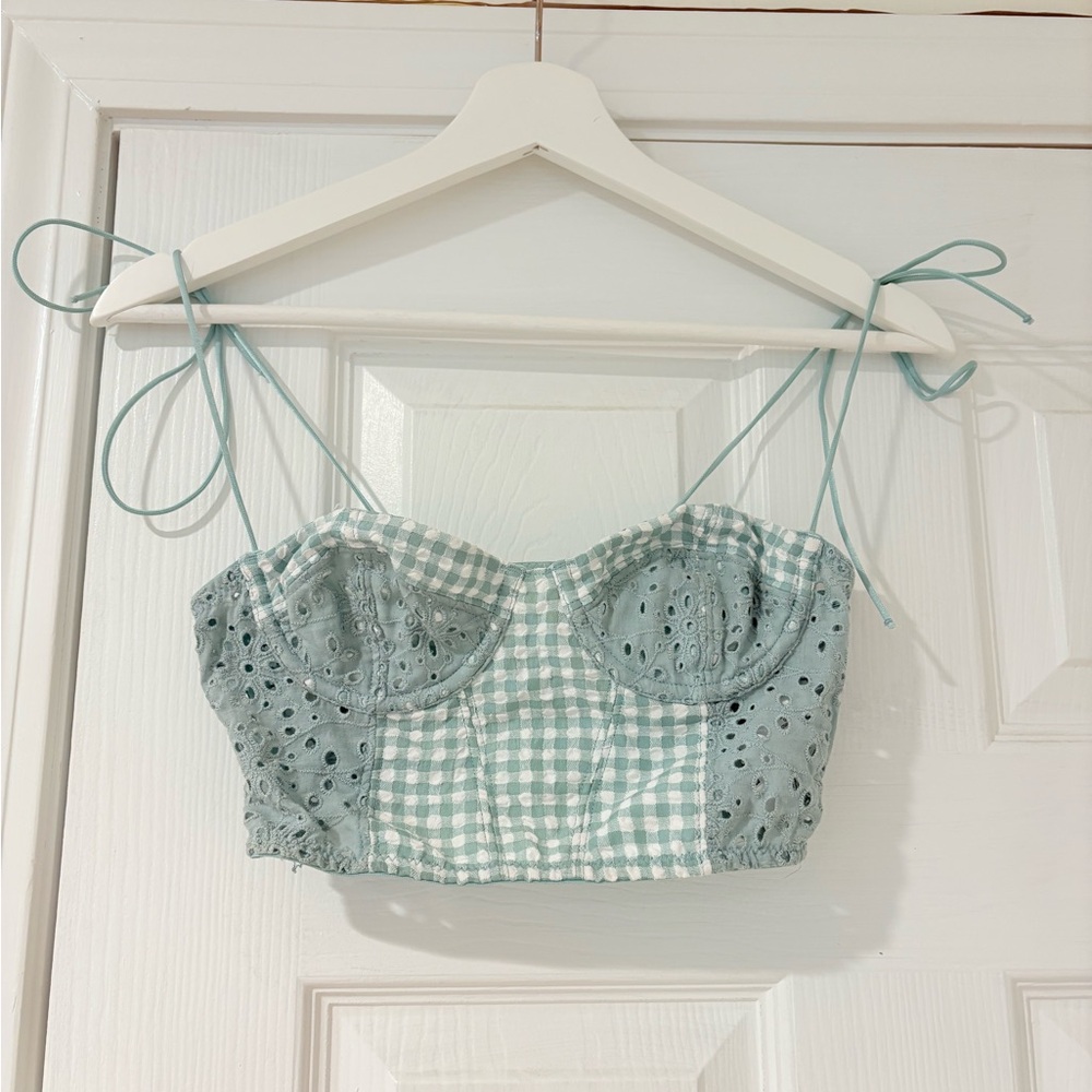 Urban Outfitters Blue Gingham Eyelet Corset Top